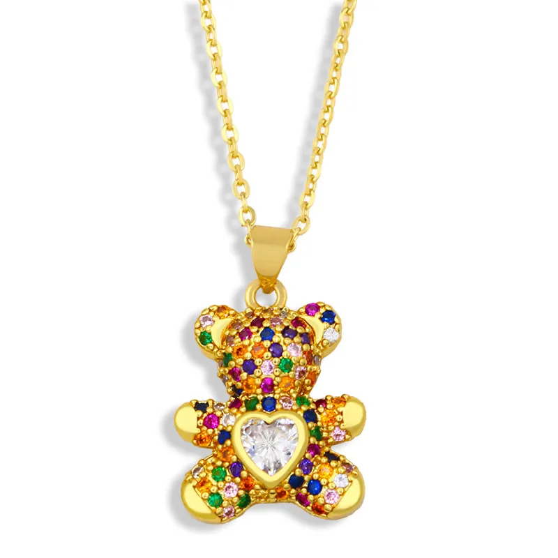 Women Fashion Set Multicolor Zircon Heart Bear Pendant Necklace