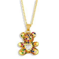 Women Fashion Set Multicolor Zircon Heart Bear Pendant Necklace