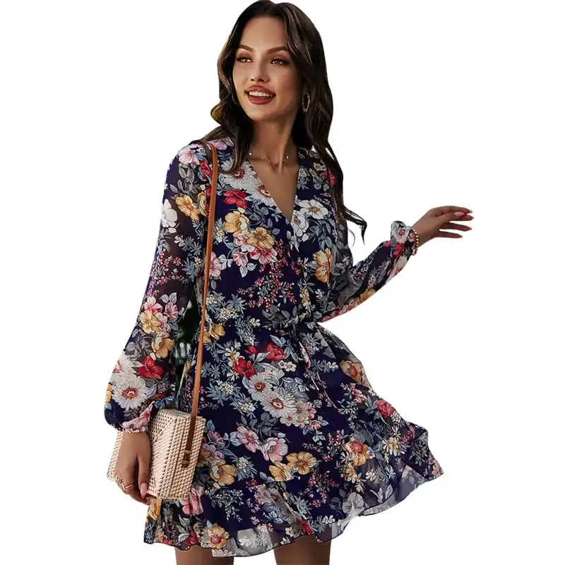 Women Fashion Flower Printed V Neck Wrap Dress