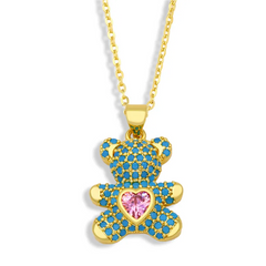 Women Fashion Set Multicolor Zircon Heart Bear Pendant Necklace