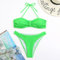 Women Fashion Sexy Fluorescent Ruffle Tether Bikini Swimsuit Two-Piece Set