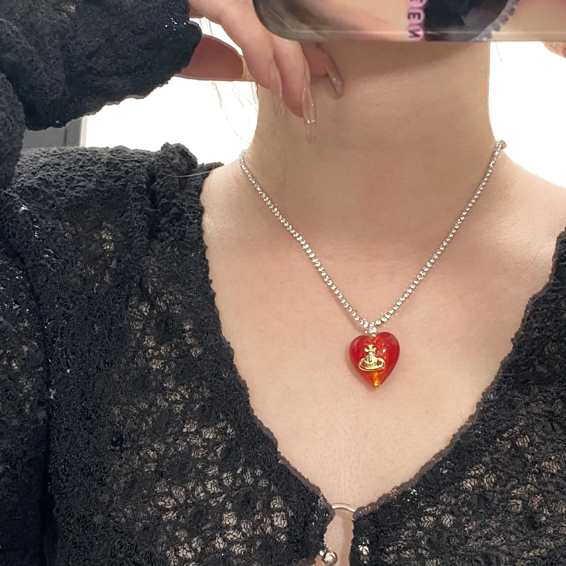 Women'S Fashion Colorful Glass Heart Diamond Pendant Necklace