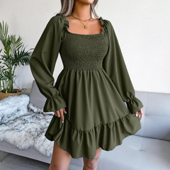 Women Fashion Square Neck Flared Long Sleeve Ruffle Swing Dress