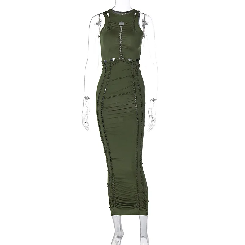 Women Sexy Solid Color Hollow Out Round Neck Sleeveless Maxi Bodycon Dress