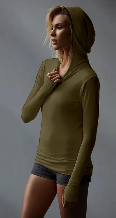 Women Casual Stretch Hooded Long Sleeve Mittens Running Sports Sweatshirt