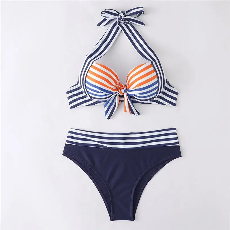 Women Fashion Sexy Stripe Stripe Halter Neck Hard Pack Swimsuit Two-Piece Set