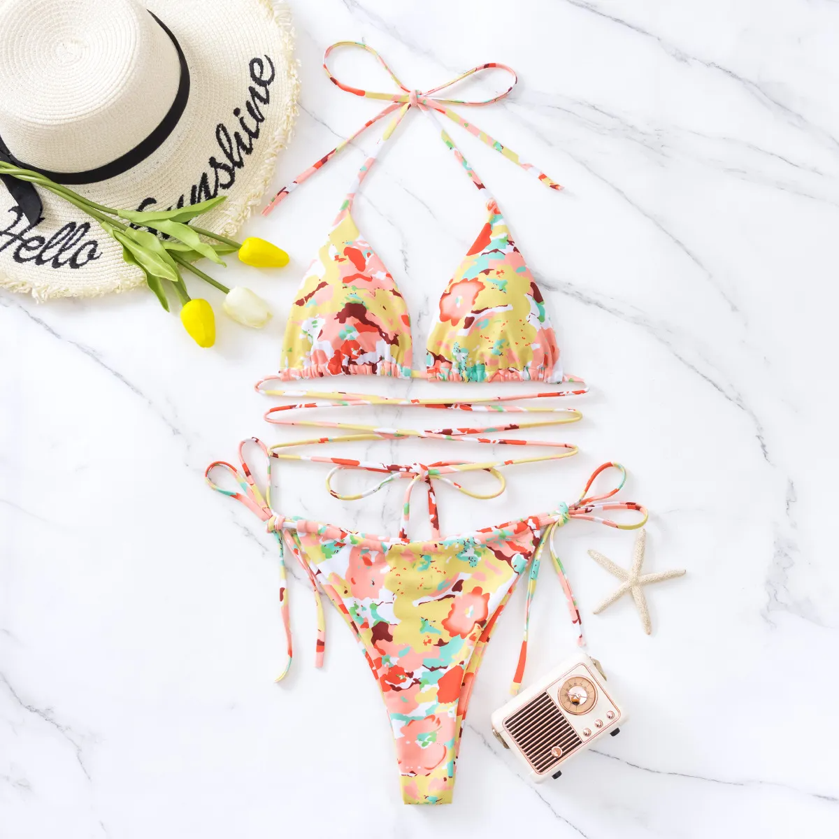 Women Sexy Vacation Floral Print Bandage Halter Neck Bikini Swimwear