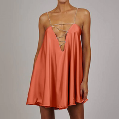 Wmen Night Out Sexy Edgy Summer Cut Out Chain Solid Color Sleeveless Ruffled Satin Mini Dress