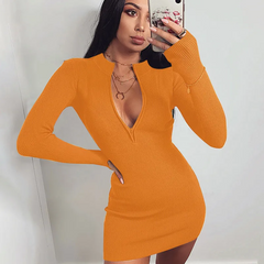 Women Sexy Solid Color Zipper Long Sleeve Mini Dresses