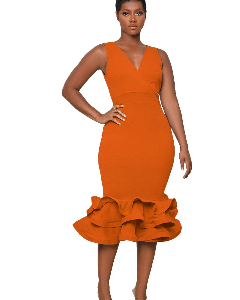 Women Fashion Sleeveless V-Neck Solid Color Dress
