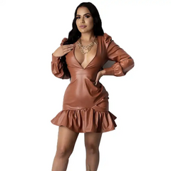 Women Sexy Solid Color Deep V Neck PU Leather Flouncing Dress