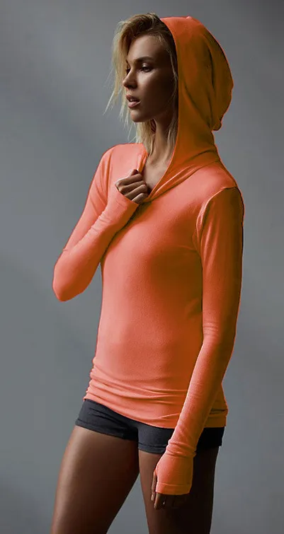Women Casual Stretch Hooded Long Sleeve Mittens Running Sports Sweatshirt