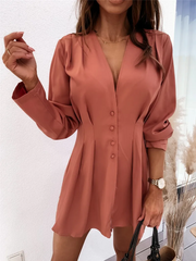 Women Autumn Elegant V-Neck Solid Color Button Long-Sleeved Casual Dress