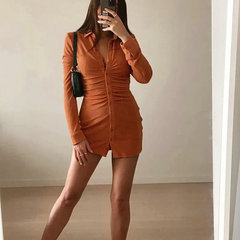 Women Fashion Solid Color Long Sleeve Ruched Turn-Down Collar Bodycon Dress