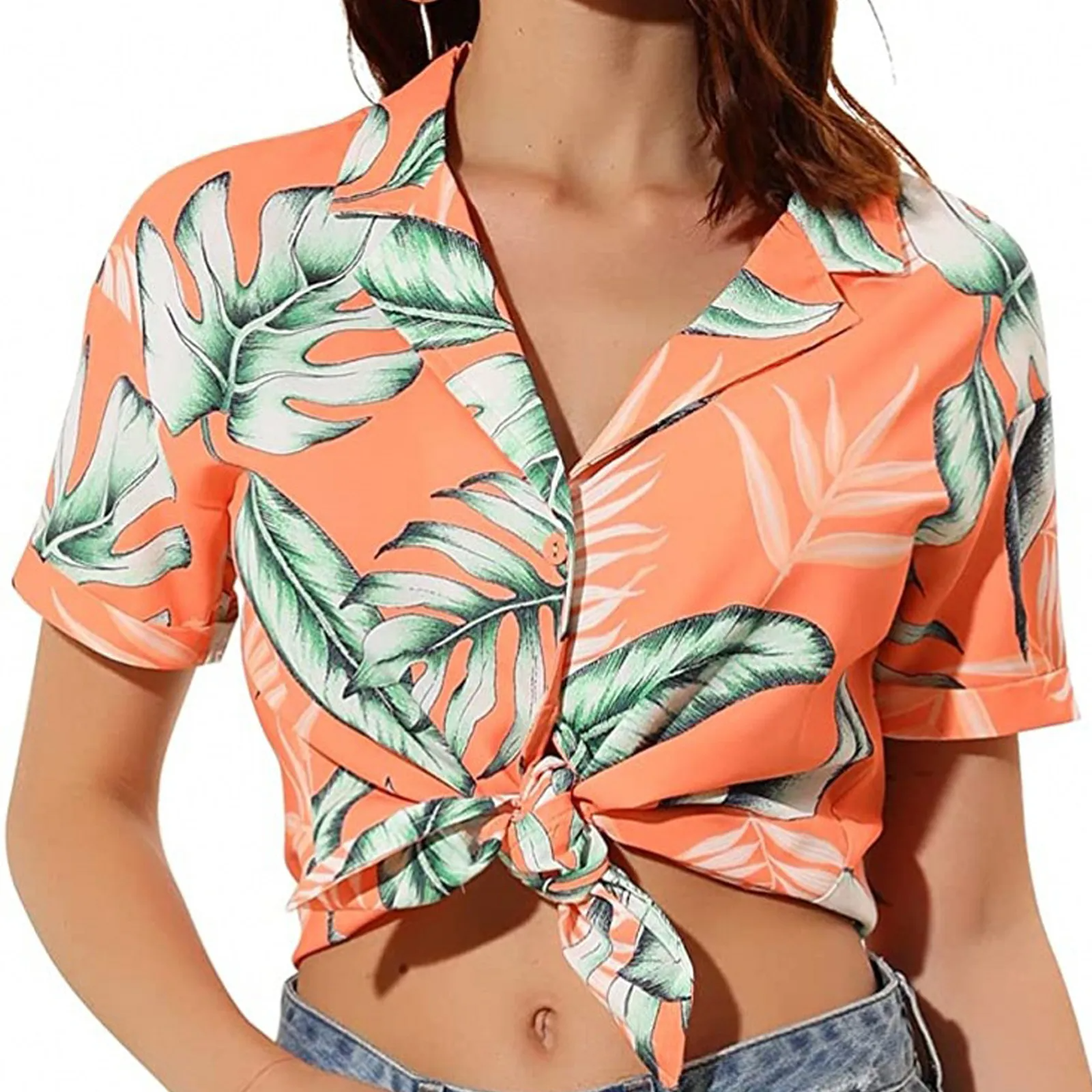Summer Women Fashion Leaves Printing Short Sleeve Tropical Beach Button Down Cropped Blouse