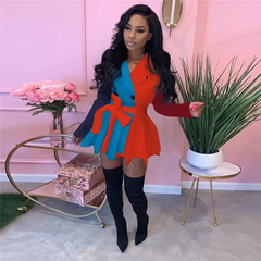 Women Fashion Color Blocking Lapel Buttoned Dress