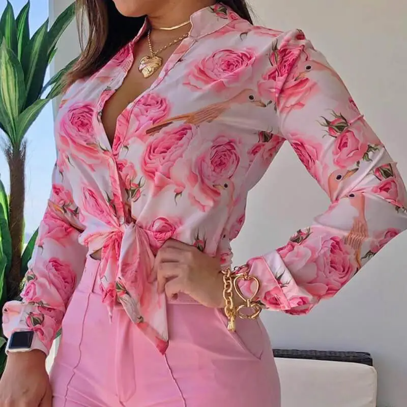 Women Fashion Flower Printed Blouse