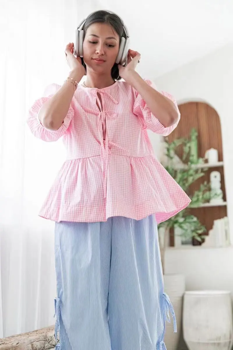 Spring And Summer Women Fashion Stripe Puff Sleeve Bow Knot Blouse