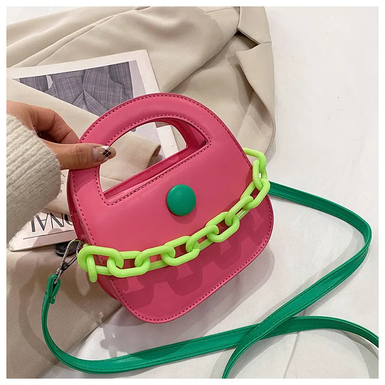 Women Casual Thick Chain Design Solid Color Shoulder Handle Bag