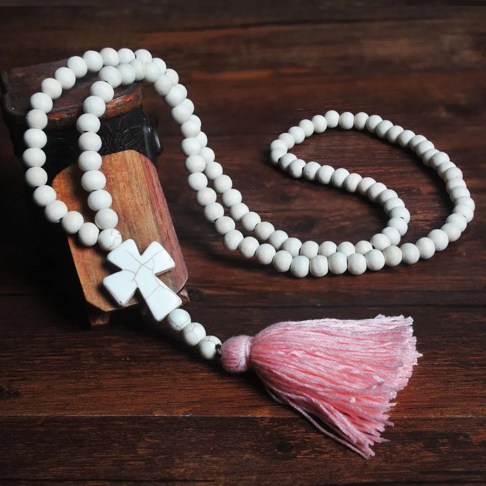 Hot Sale Vintage Pattern White Wooden Beads Cross Tassel Pendant Necklace