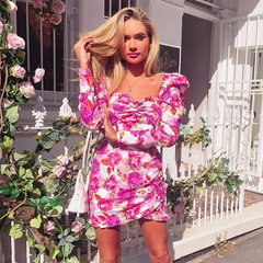 Women Fashion Flower Print Square Neck Dress