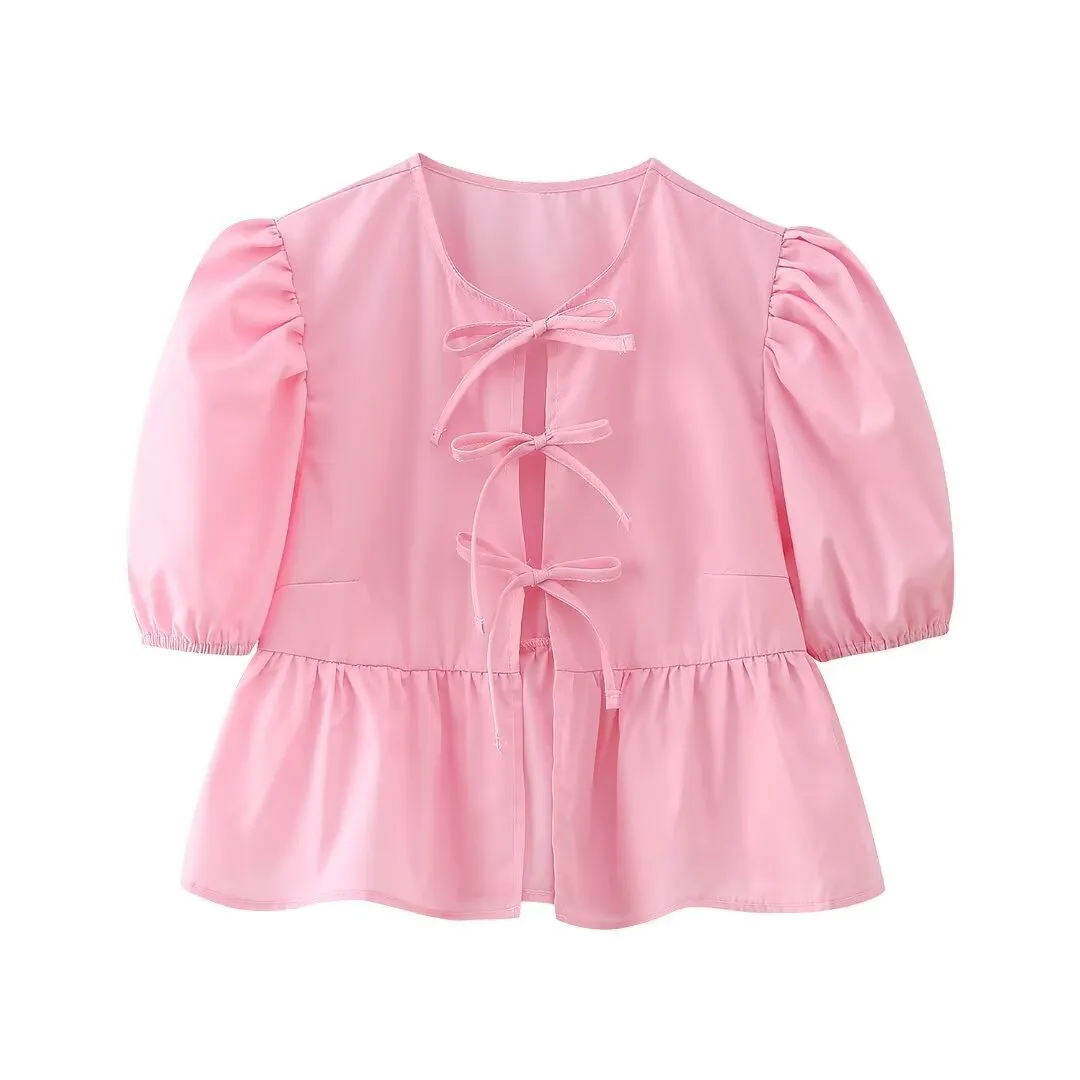 Women Sweet Casual Puff Sleeve Bow Knot Ruffled Stripe Leopard Blouse