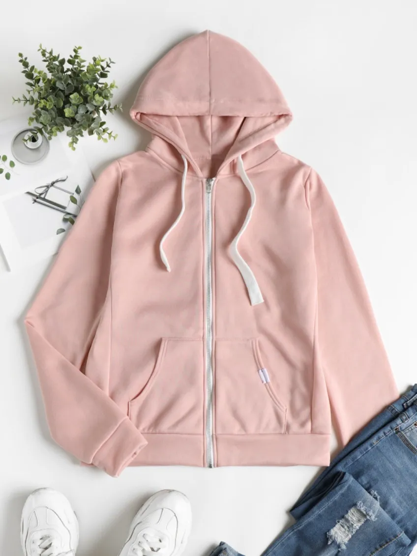 Women Fashion Casual Solid Color Zipper Pocket Hoodies