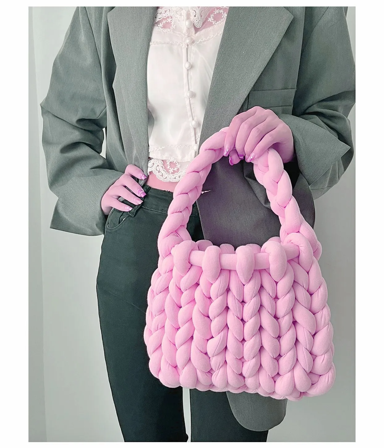 omen Fashion Solid Color Hand-Woven Wool Handbag