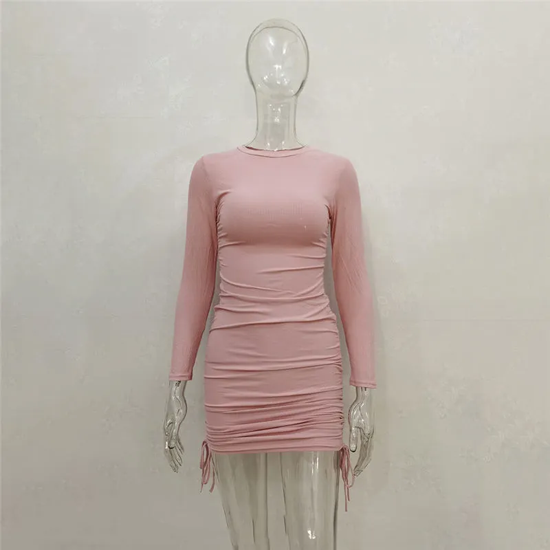 Women Fashion Solid Color Drawstring Bodycon Dresses