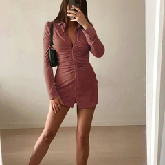 Women Fashion Solid Color Long Sleeve Ruched Turn-Down Collar Bodycon Dress