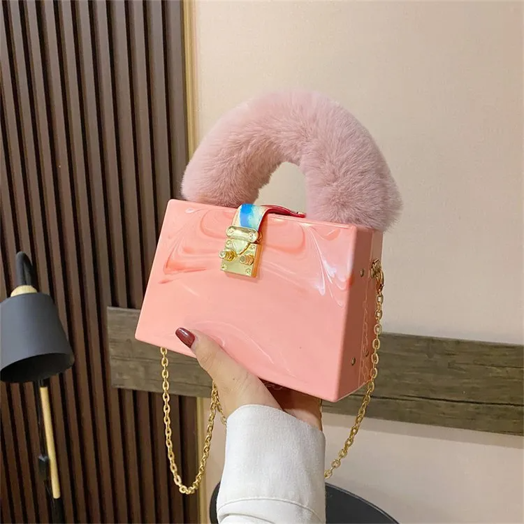 Women Chic Chain Design Stone Pattern Square Shoulder Handle Bag