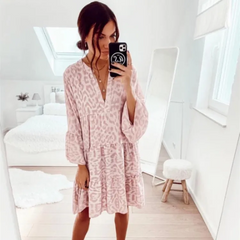 Women Casual V-Neck Leopard Print Lantern Sleeve Dress