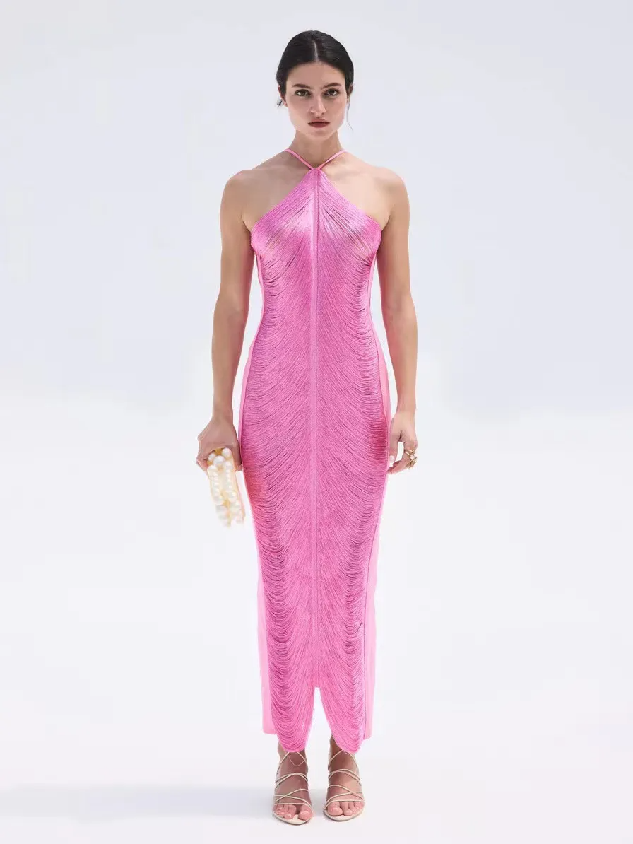 Women Fashion Tassel Back Slit Halter Neck Evening Party Maxi Dress