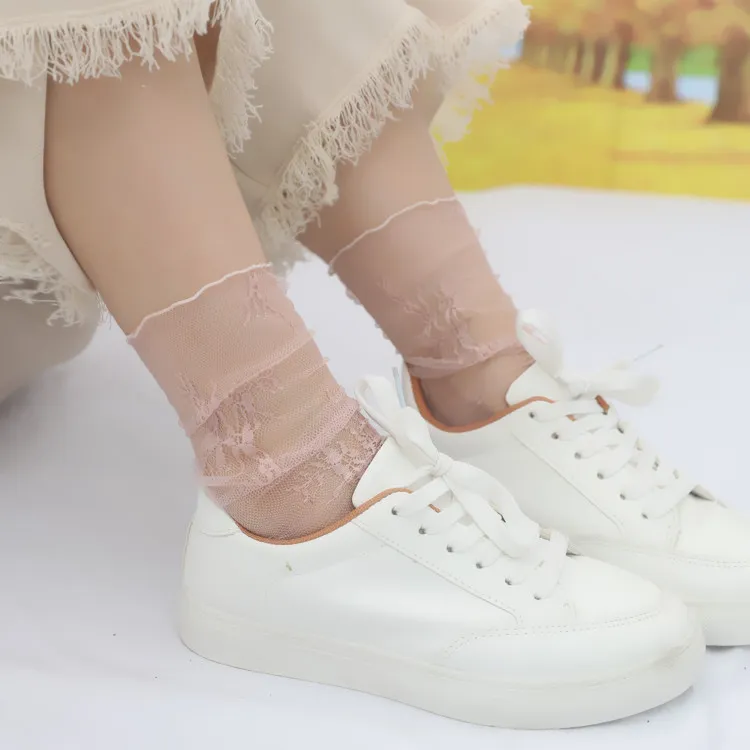 Fashion Solid Color Sweet Lace Women Ultra-Thin Stacked Mesh Socks