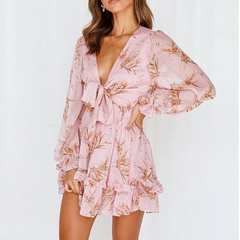 Floral Print Lace-Up Chiffon Long Sleeve Dress