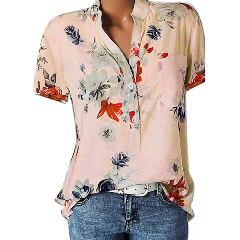 Women Elegant Fashion Loose Casual Short Sleeves Tiny Flower Print V Neck Blouse