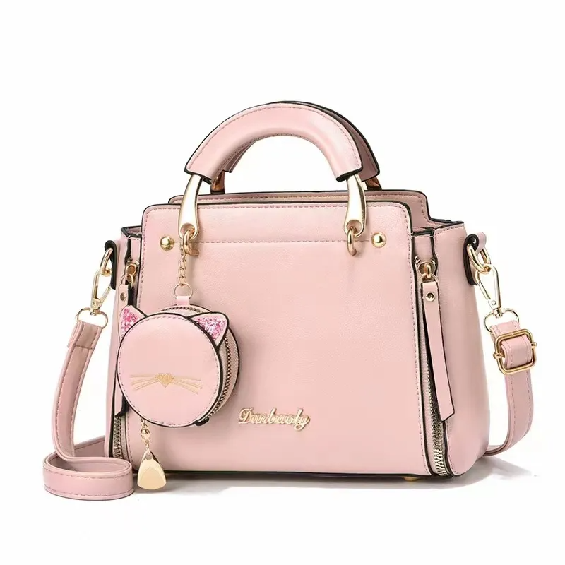 Women Fashionable Solid Color Cat Pendant Large Capacity Square PU Handbag