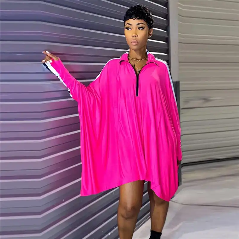 Women Fashion Lapel Loose Dolman Sleeve Dress
