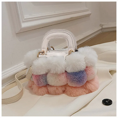 Women Casual Pompon Design Color Blocking Shoulder Handle Bag