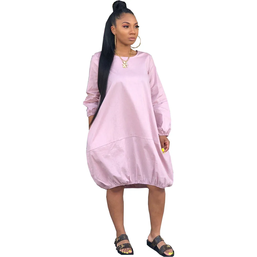 Round Neckline Long-Sleeve Pocket Design Loose Casual Dress