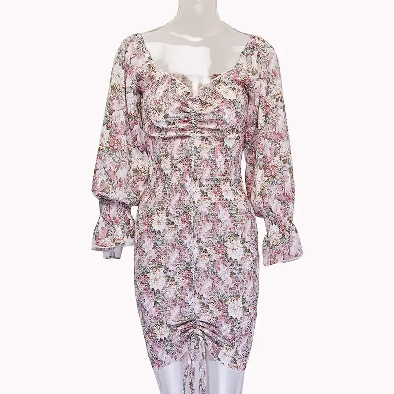 Women Fashion Floral Printed Ruffled Crease Dress
