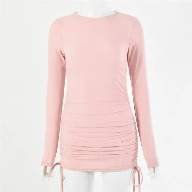 Women Fashion Solid Color Long Sleeve Drawstring Dress
