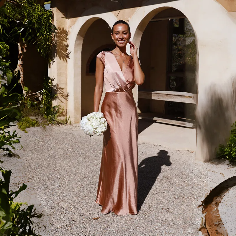 Women Elegant Solid Color V-Neck Sexy Maxi Dress