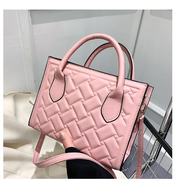 Women Fashion Square Embossed Design Solid Color PU Shoulder Bag