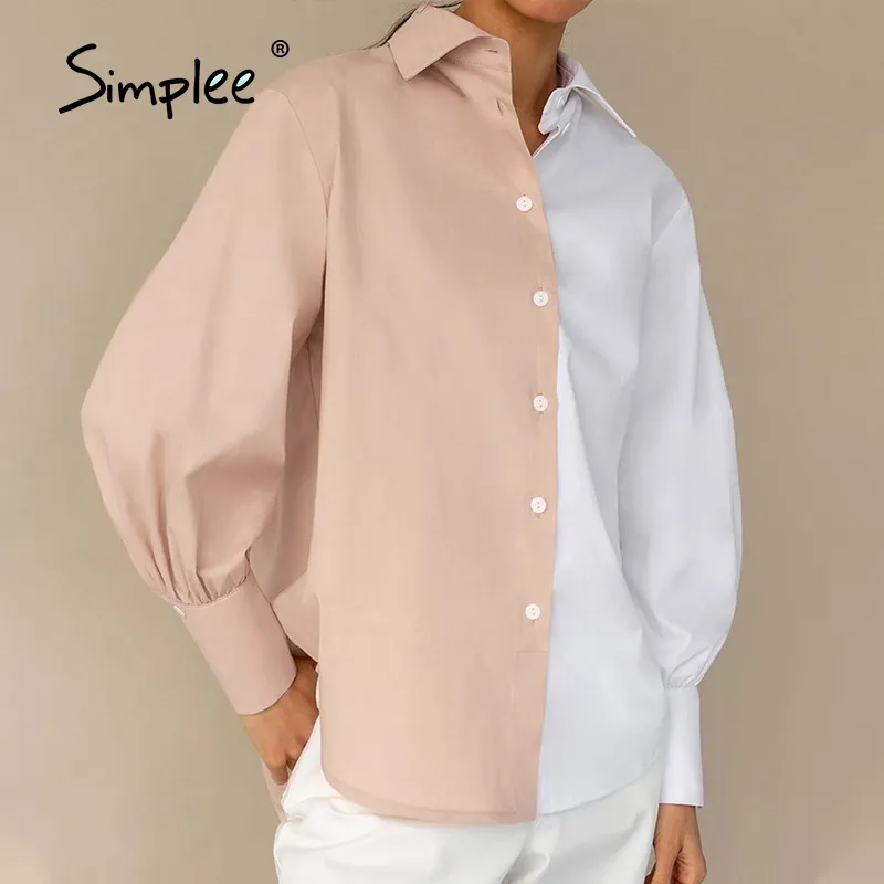 Women Work Casual Color Blocking Single-Breasted Long Puff Sleeves Blouse