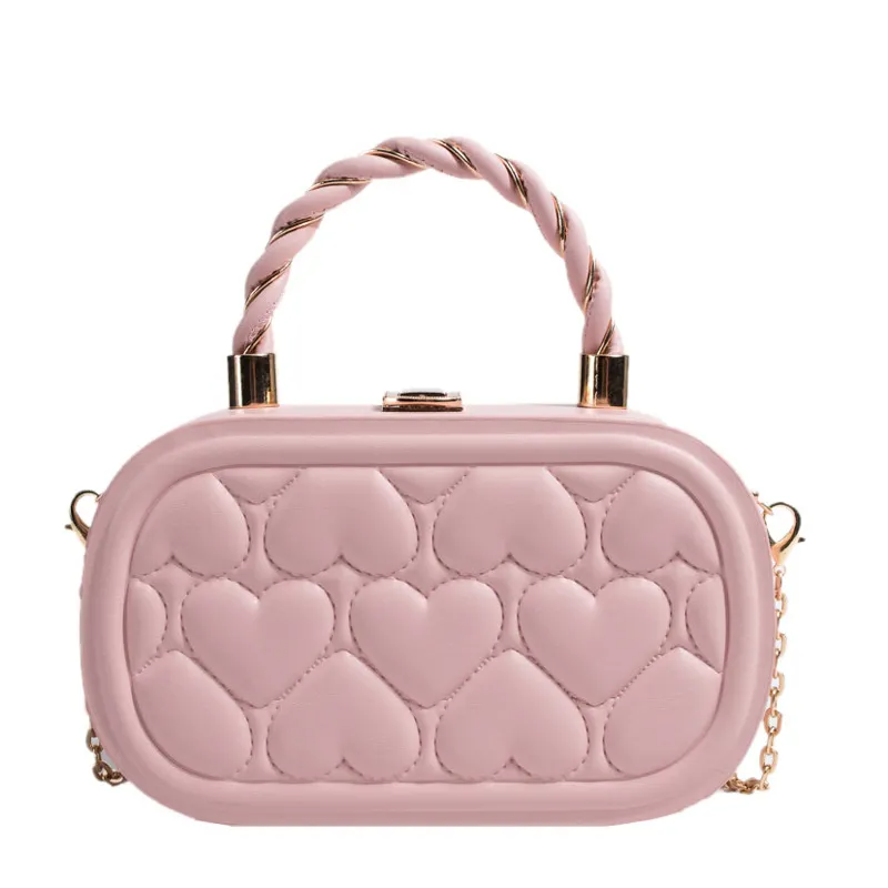 Women Fashion Solid Color Heart Quilted Lock Chain Handle Crossbody Bag