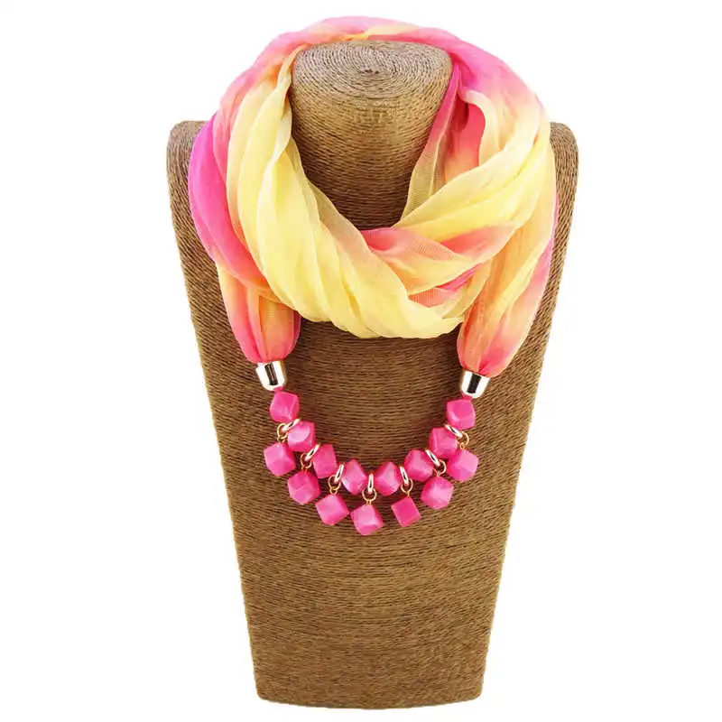 Women Party Cube Shape Resin Pendant Polyester Scarf Necklace