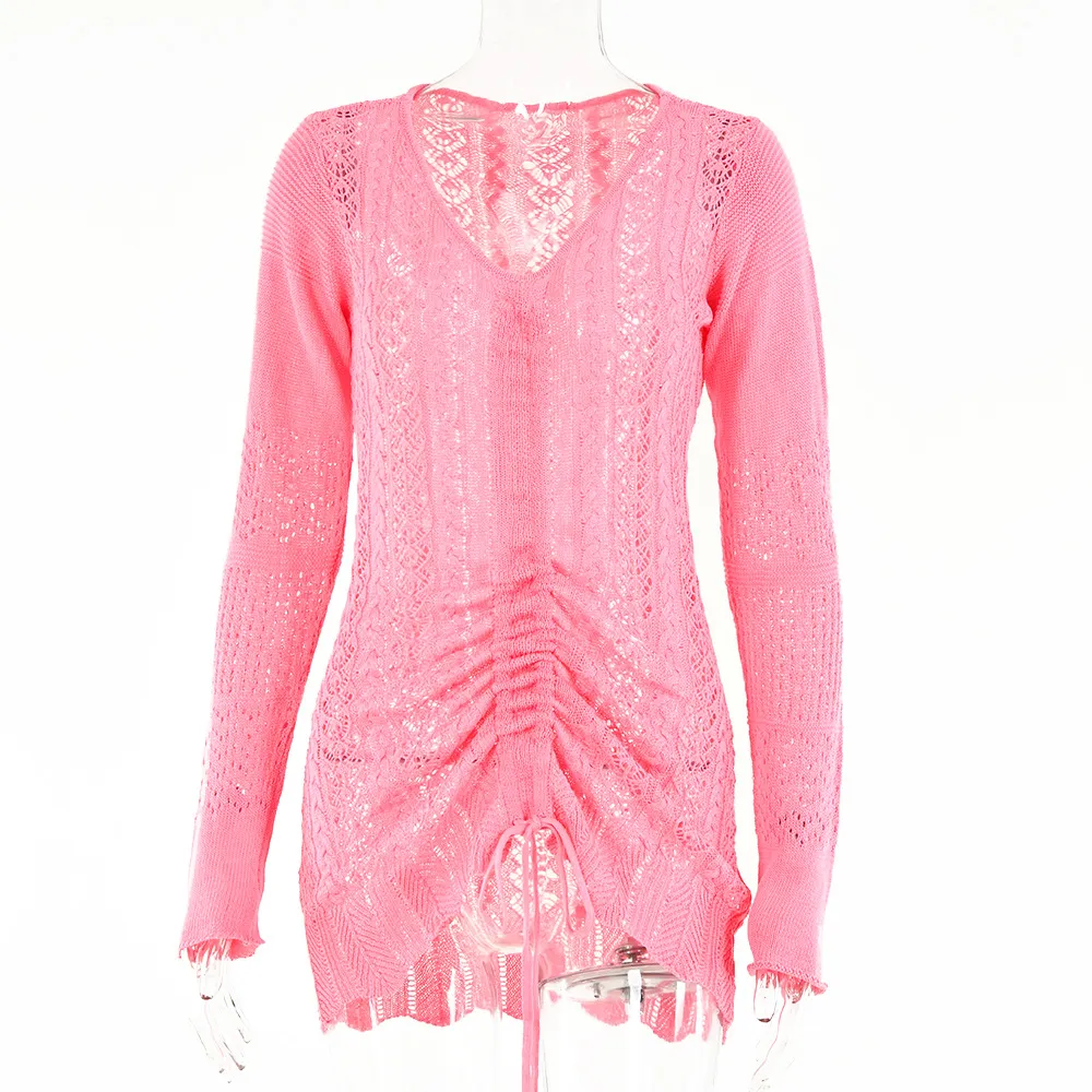 Fashion V-Neck Crocet Hollow Edgy Women Solid Color Long-Sleeved Drawstring Kniited Dress