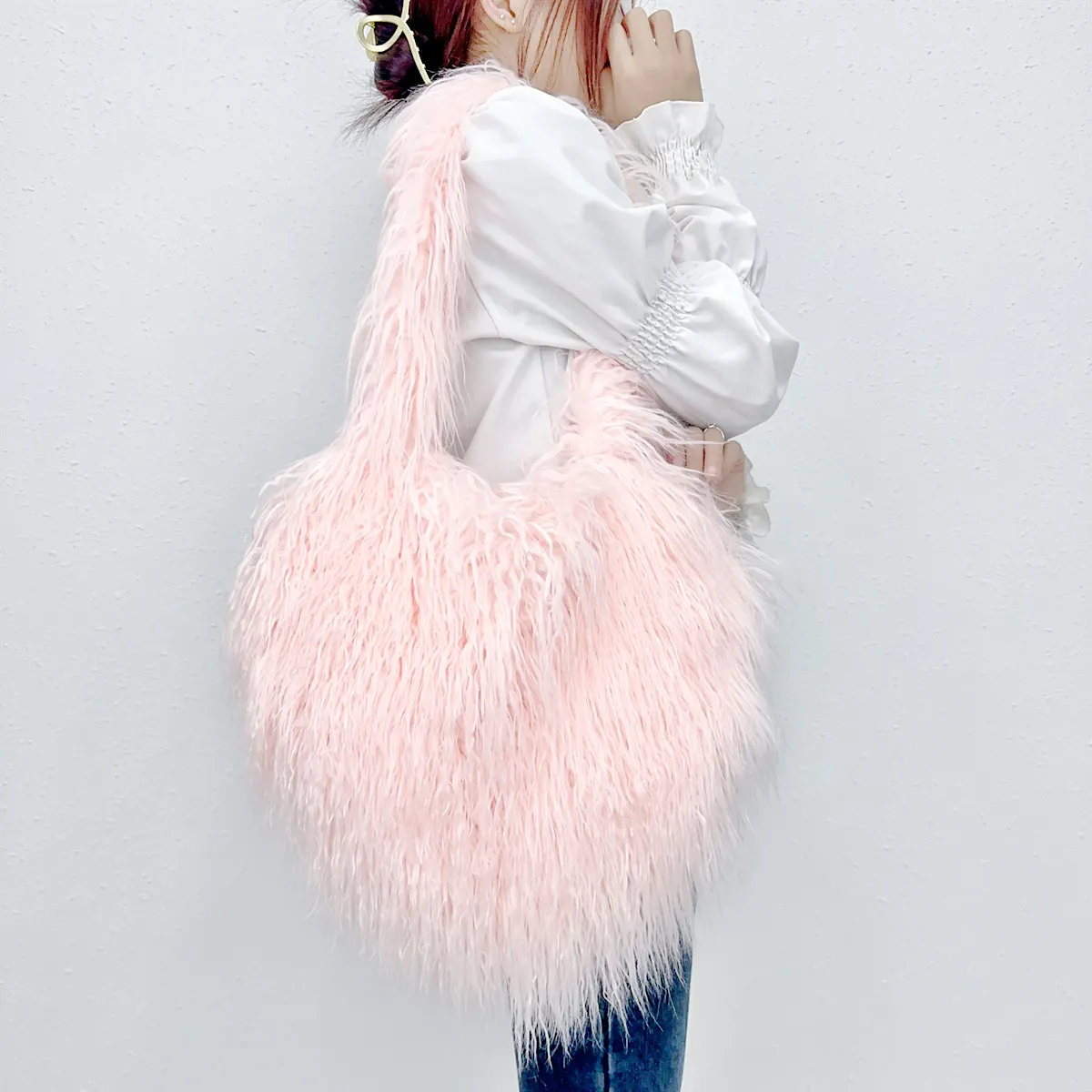 Winter Women Fashion Cute Solid Color Heart Plush Shoulder Bag
