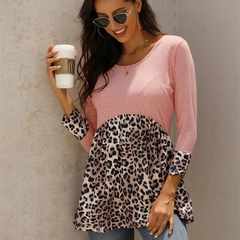 Women Fashion Leopard Print Patchwork Long Sleeve Top
